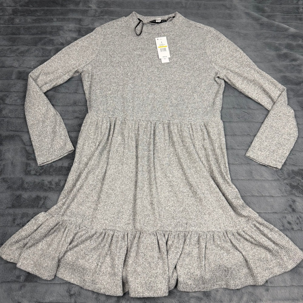 Emma & Michele Womens Gray Marled Knit Mock Neck Tiered Ruffle Dress L 113800BL